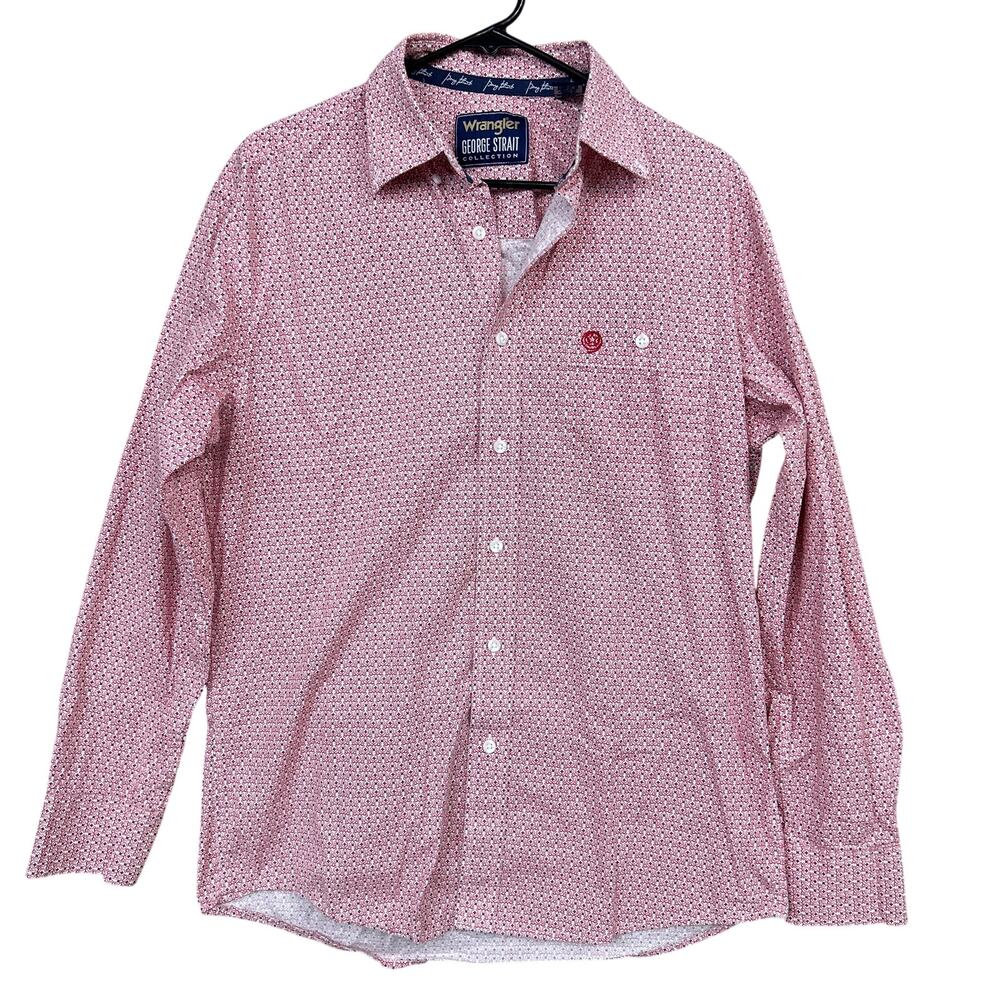 George Straight Wrangler Mens Shirt White Red Collared Button Down Long Sleeve M